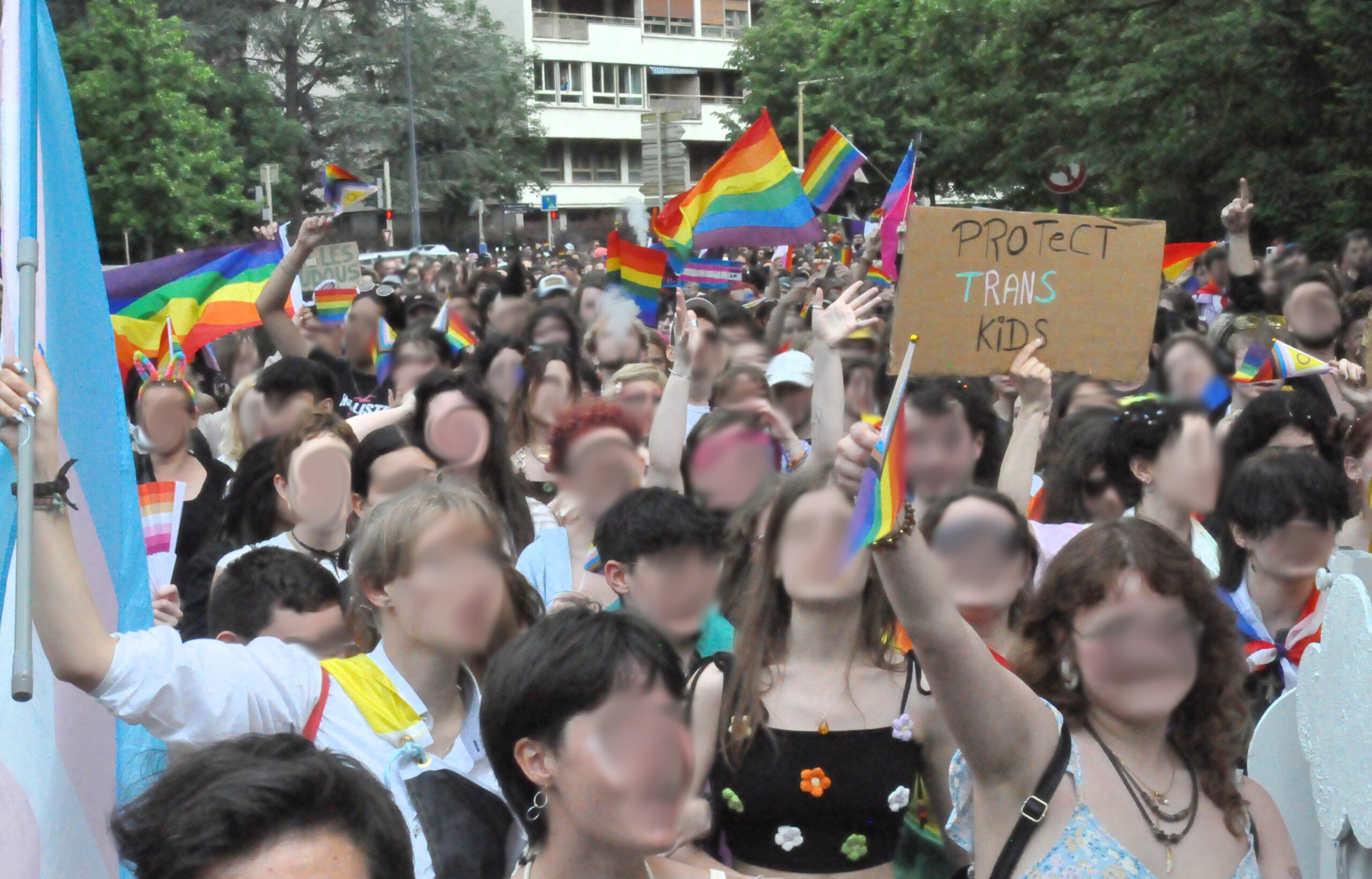 Plusieurs centaines de personnes marchent, drapeaux et pancartes LGBT+ en main. Une pancarte en particulier proclame « protect trans kids » (protégeons les enfants trans).