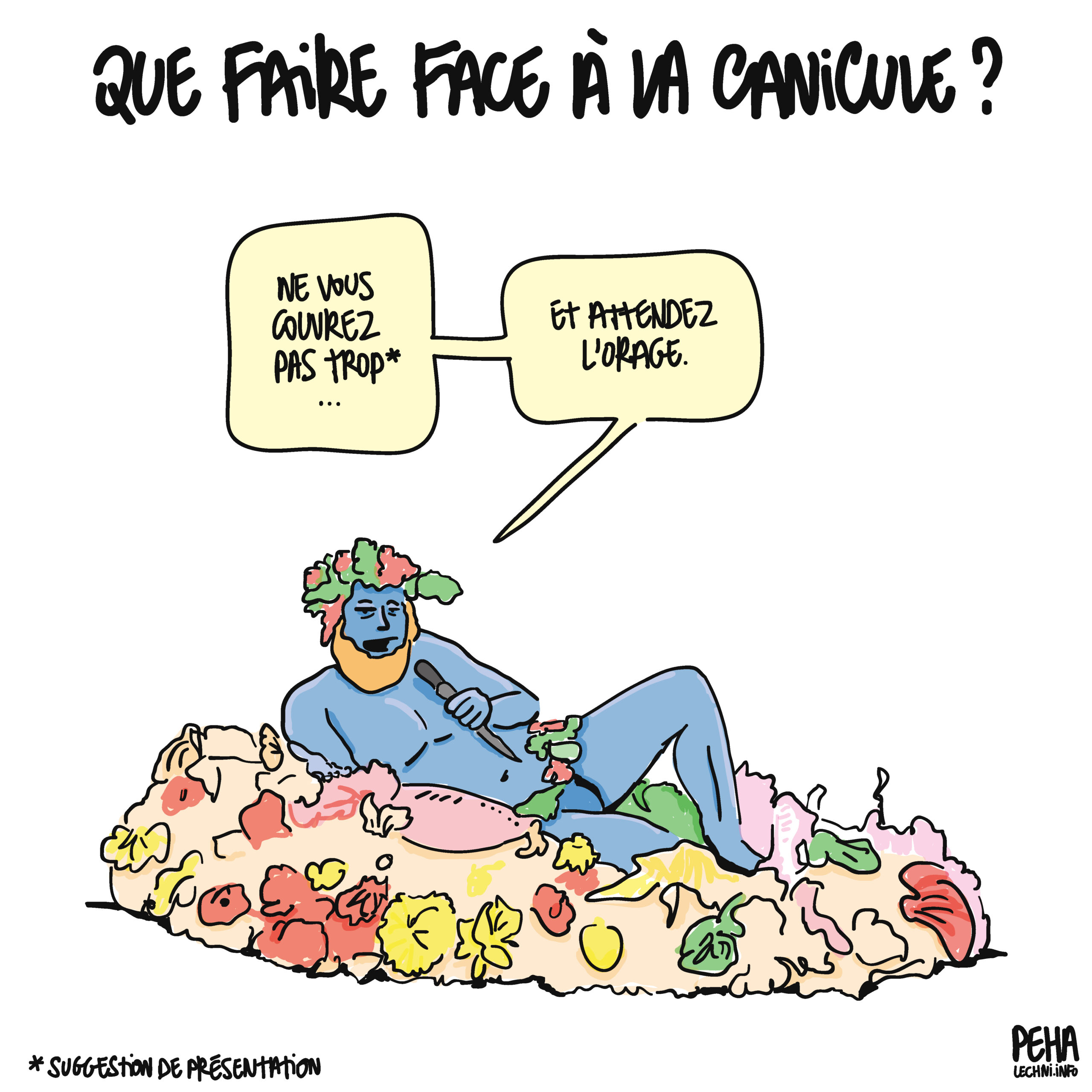 titre du dessin : que faire face à la canicule ?
dessin d'un homme en slip, peint en bleu et entouré de fruits et légumes, rappelant Philippe Katerine à la cérémonie des J O, qui dit : ne vous couvrez pas trop, et attendez l'orage.
Une astérisque précise : suggestion de présentation