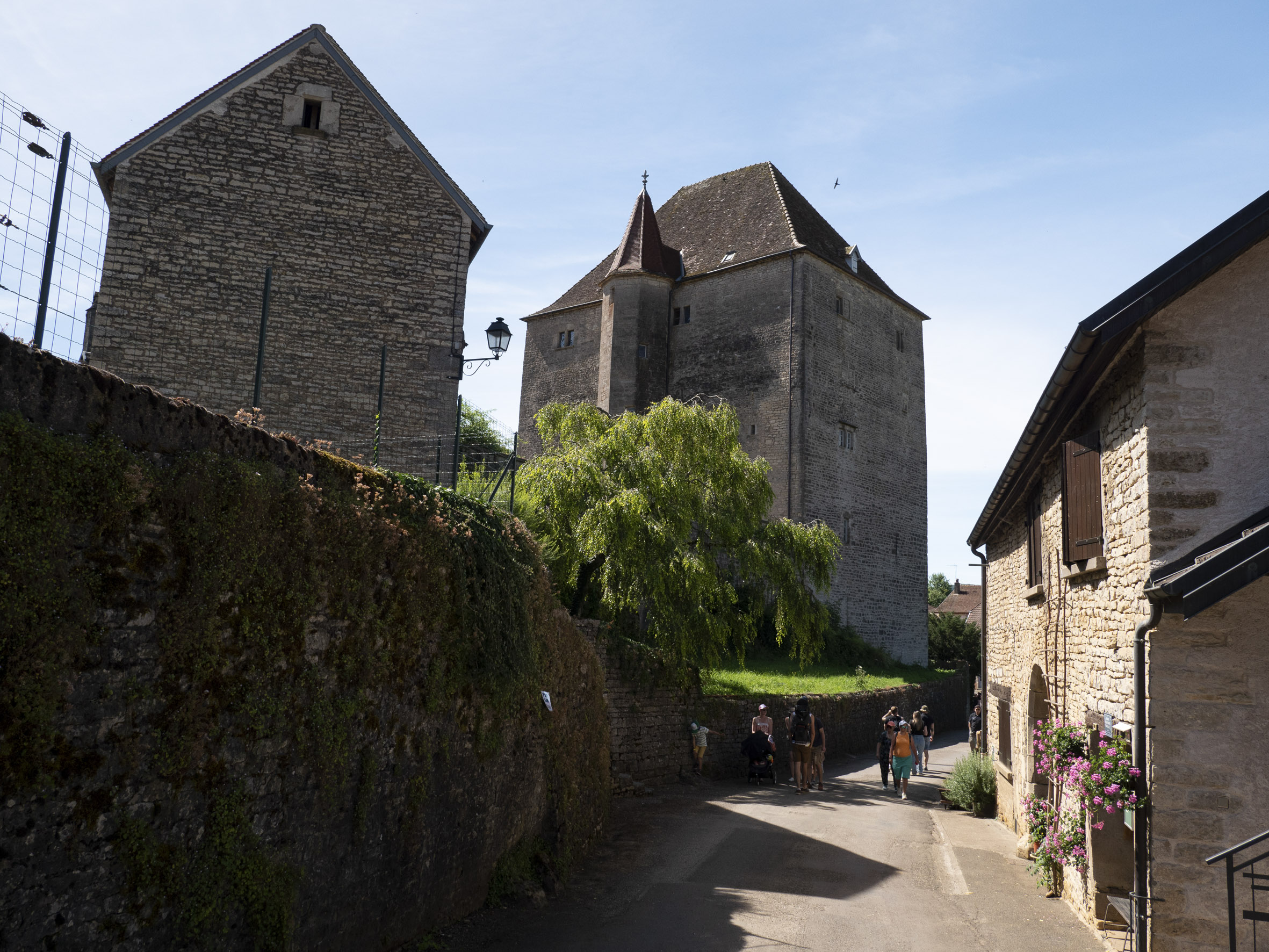 photo d'une ruelle et de l'arrière du donjon du château