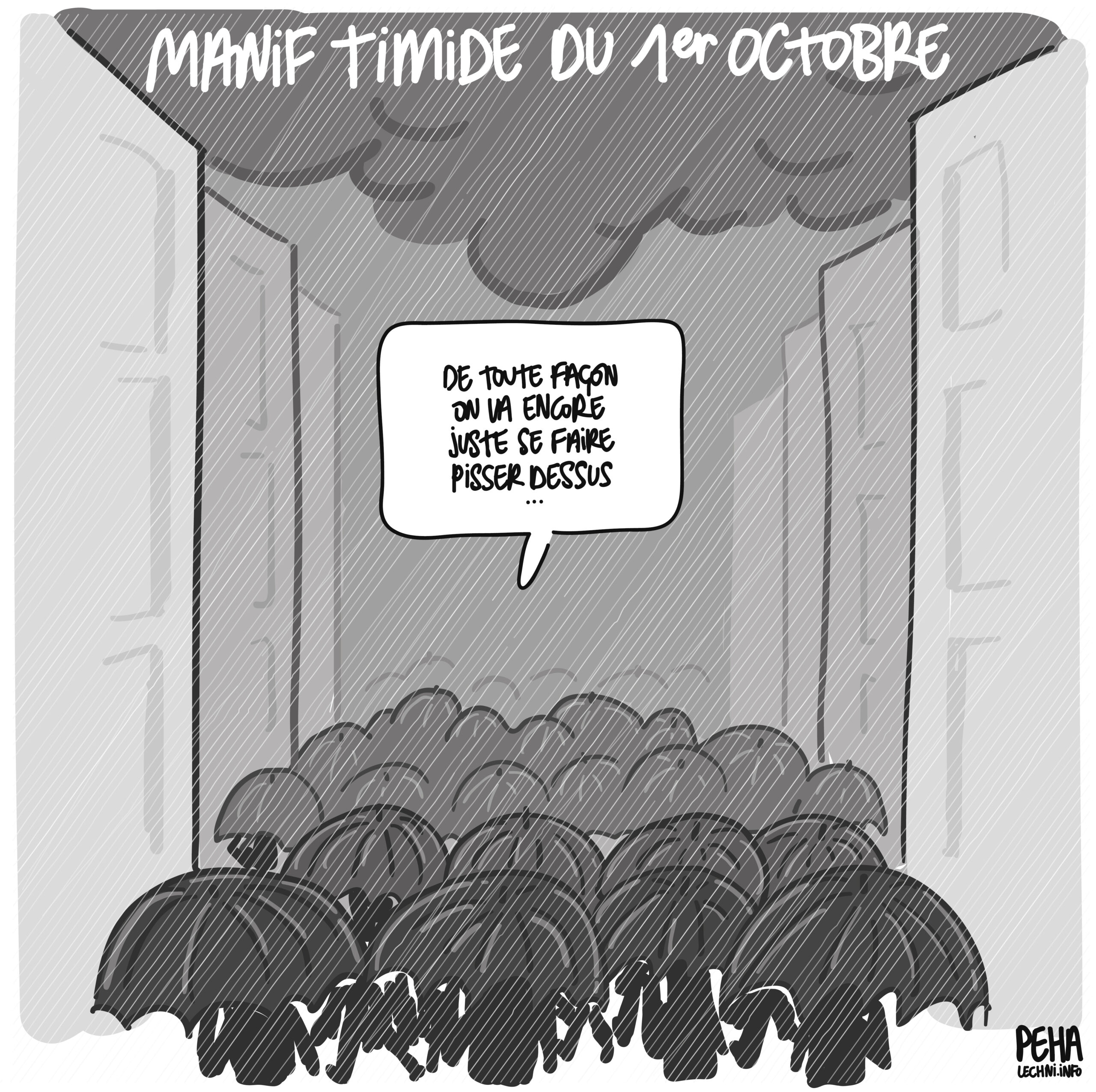 Titre du dessin : manif timide du 1er octobre
Une foule sous les parapluies défile en ville sous une pluie diluvienne. Un personnage dit : de toute façon on va encore juste se faire pisser dessus