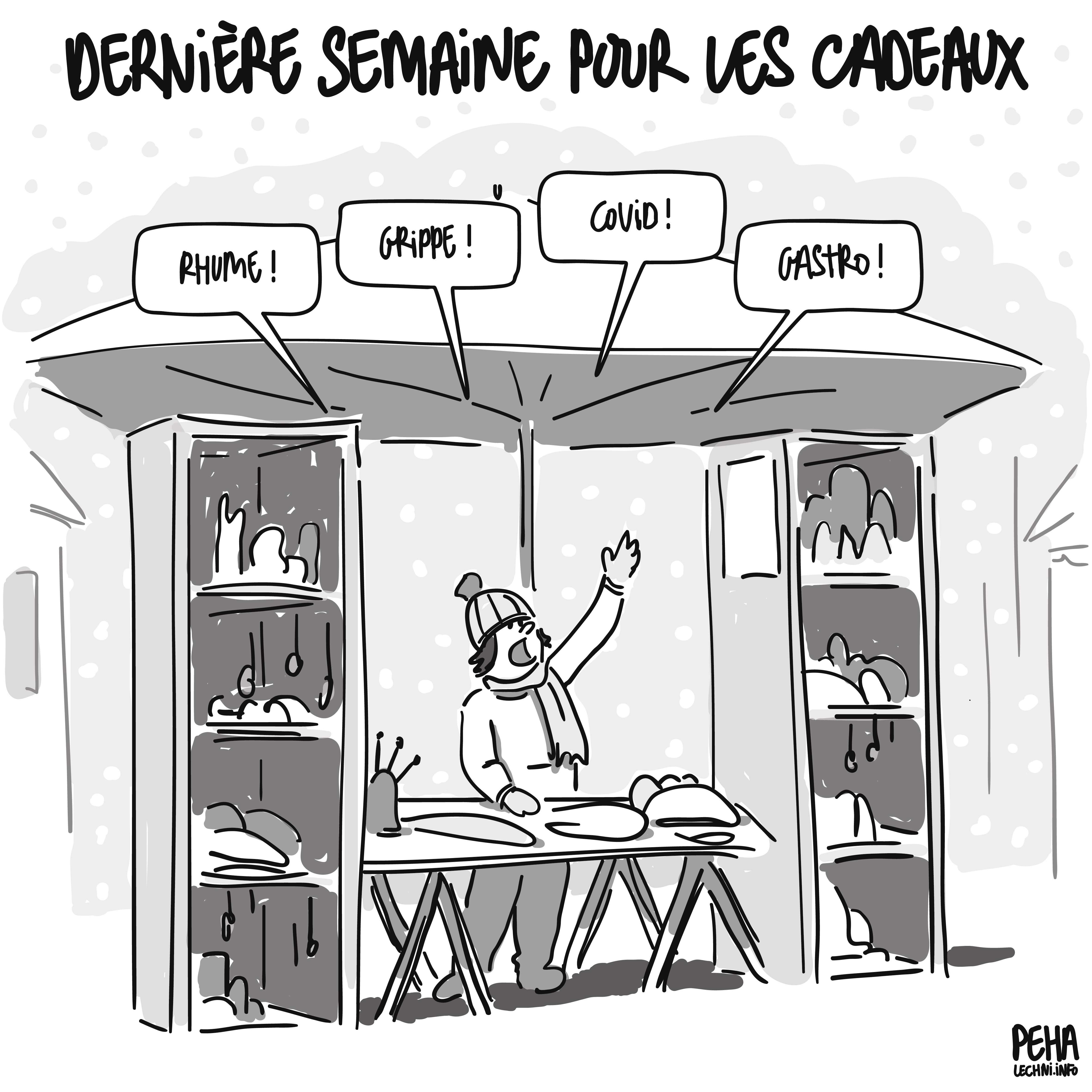 Titre du dessin : dernière semaine pour les cadeaux
Dessin d'une personne à son stand, en train de vendre des articles sur un marché de Noël. Elle s'écrie, comme pour présenter ses articles : Rhume ! Grippe ! Covid ! Gastro !