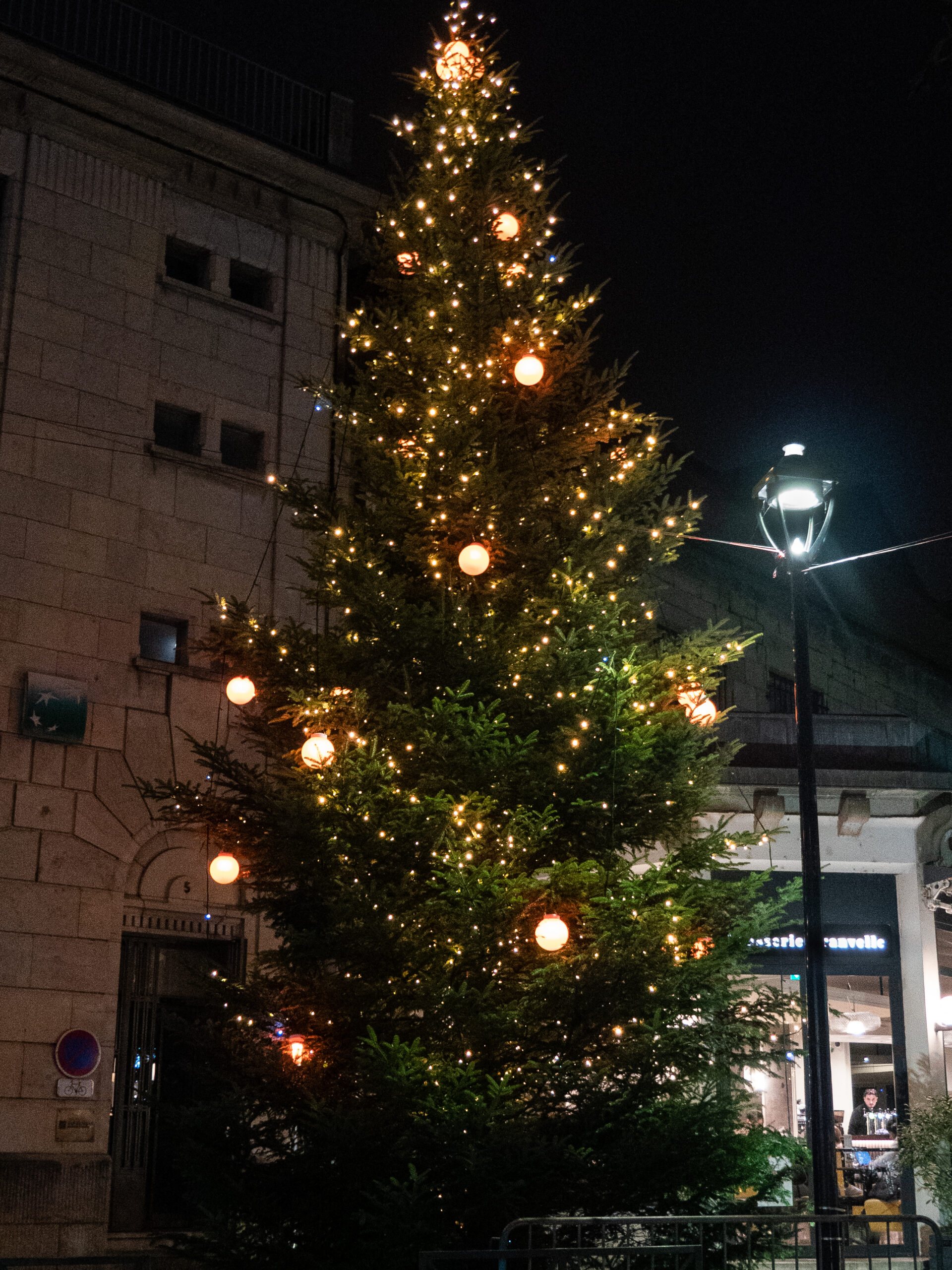 le grand sapin à l'entrée du marché de Noël de Besançon, place Granvelle