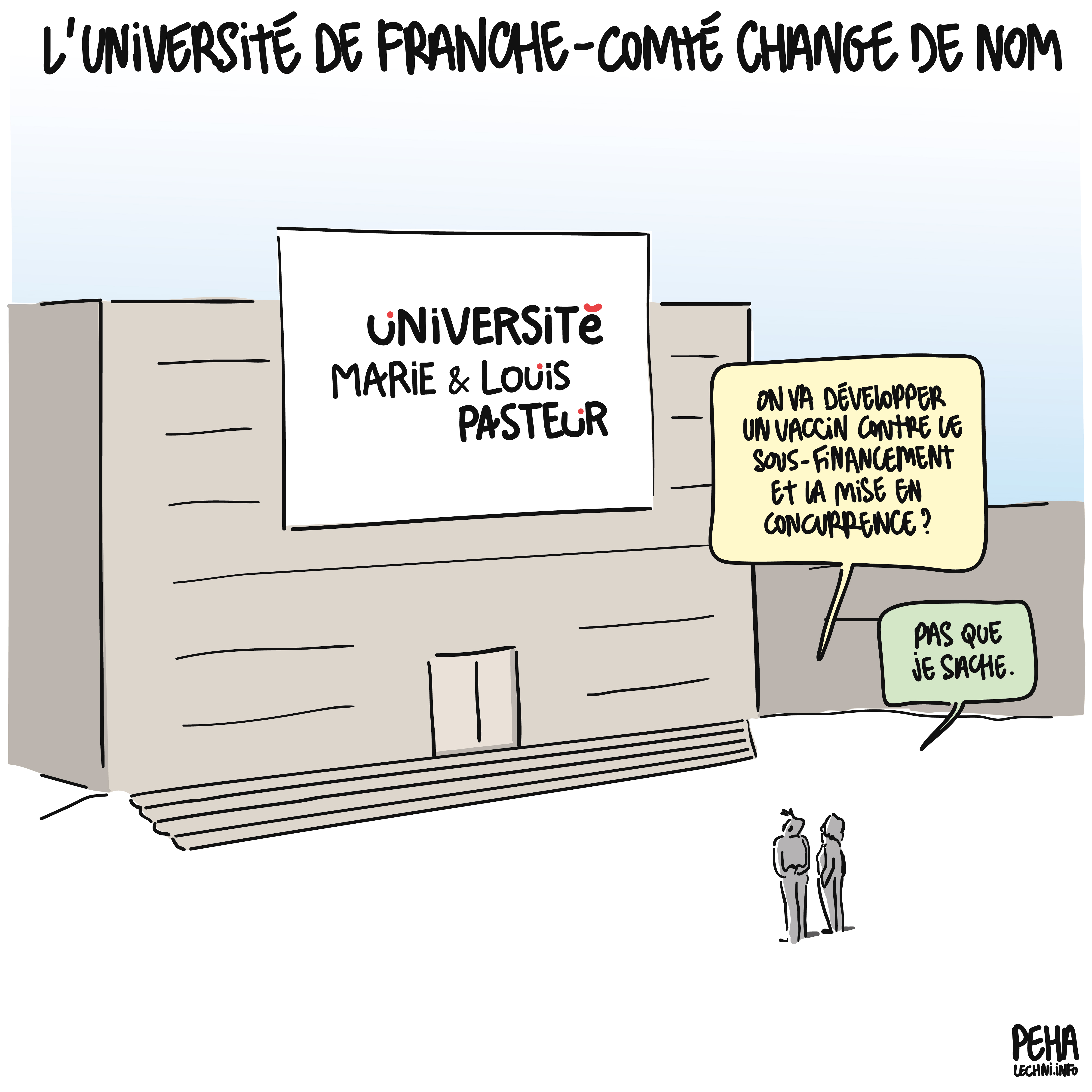 Titre du dessin : l'université de Franche-Comté change de nom
Dessin d'un bâtiment de l'université, avec un énorme panneau sur lequel est écrit le nouveau nom : université Marie et Louis Pasteur.
Deux personnes regardent le bâtiment, l'une dit : on va développer un vaccin contre le sous-financement et la mise en concurrence ?
L'autre répond : pas que je sache.