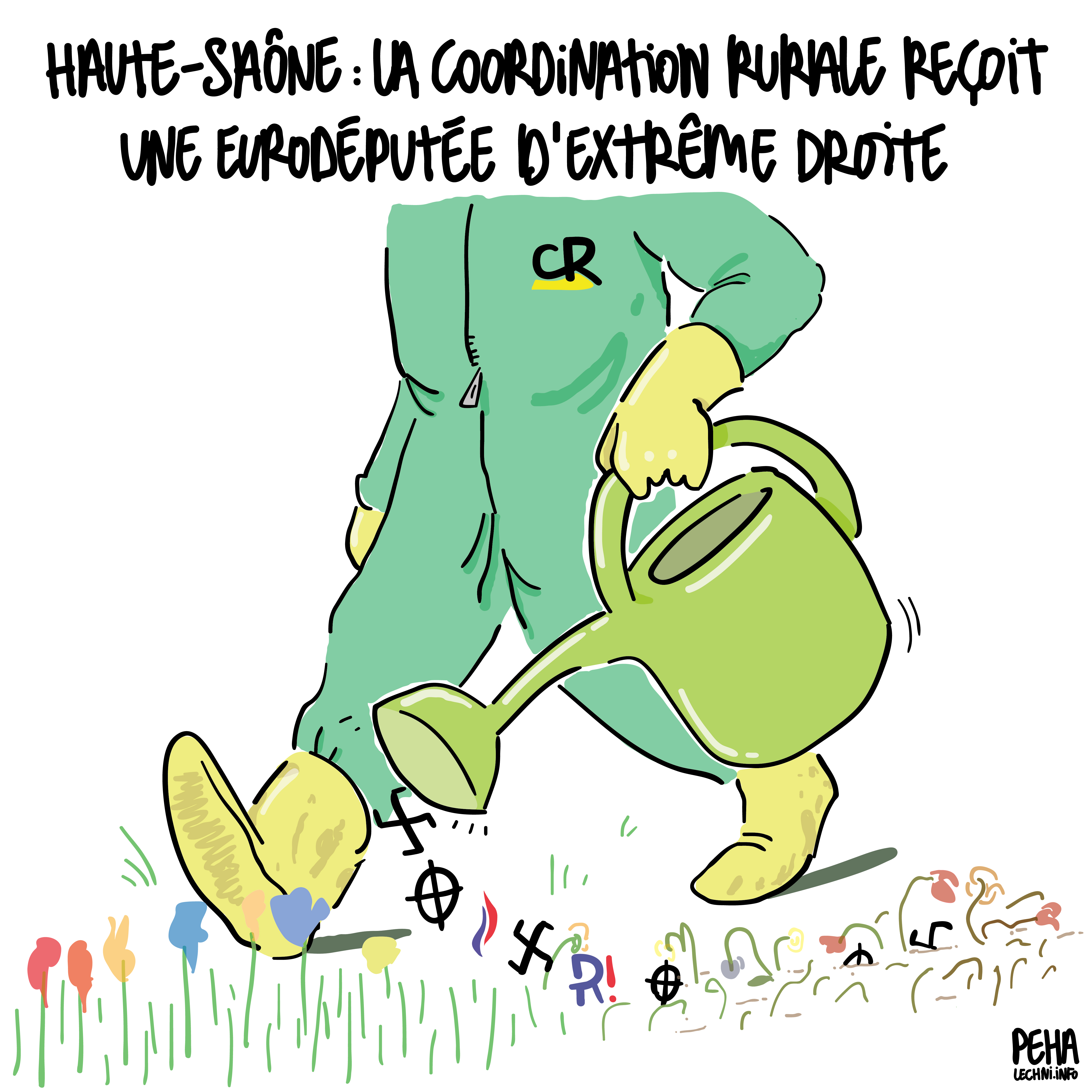 Titre du dessin : Haute Saône : la coordination rurale reçoit une eurodéputée d'extrême droite
Dessin d'un agriculteur (vue depuis le torse jusqu'aux pieds), en combinaison, avec le logo de la coordination rurale, qui arrose un parterre de plants. De son arrosoir sortent divers logos d'extrême droite qui font crever les plants au fur et à mesure qu'ils sont déversés.