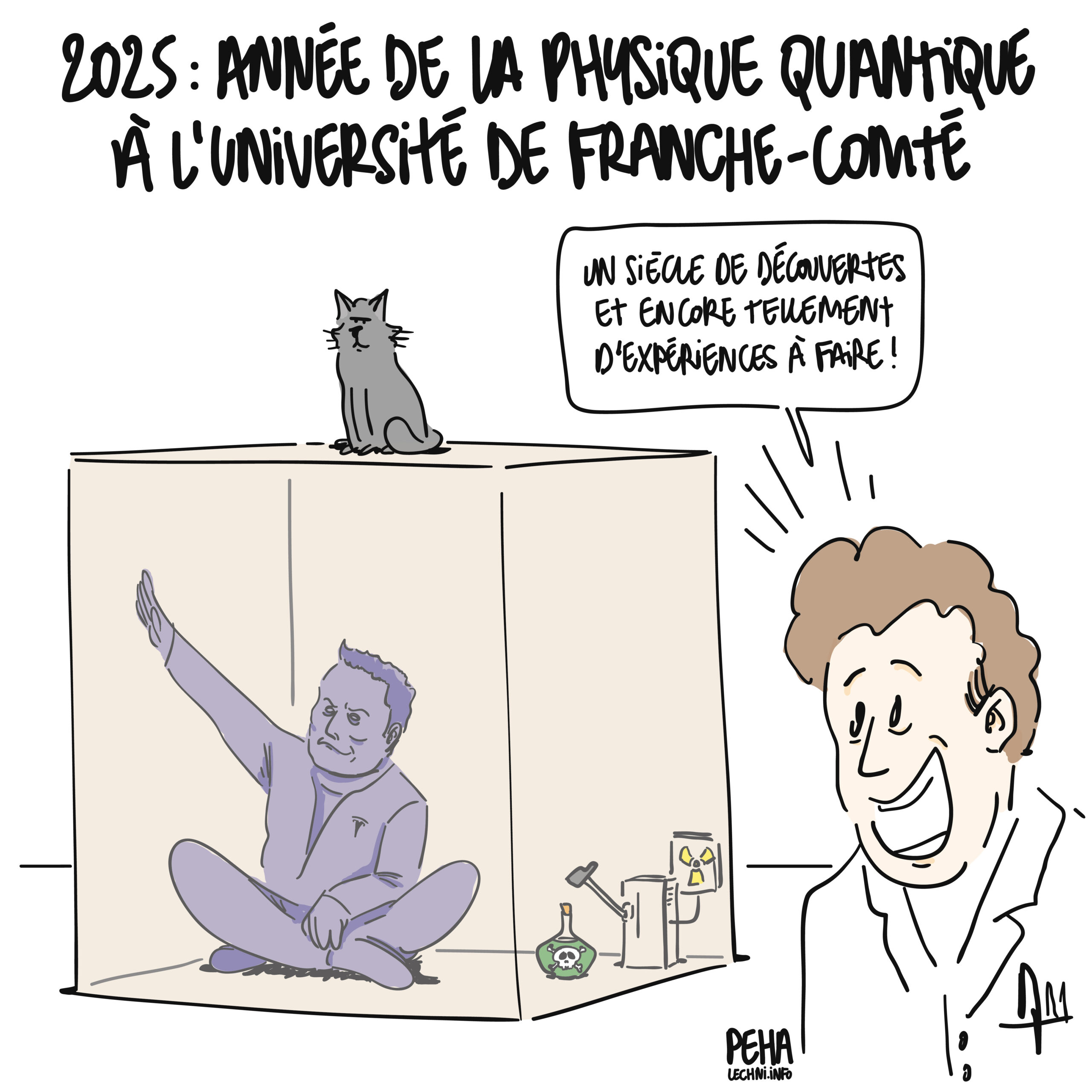 Titre du dessin : 2025, année de la physique quantique à l'université de Besançon
Dessin d'une expérience de Shrödinger dans laquelle le chat a été remplacée par Elon Musk, prêt à être tué par une fiole de poison reliée à un appareil qui mesure la dégradation d'une particule.
Au premier plan, un physicien s'écrit, euphorique : un siècle de découvertes et encore tellement d'expériences à faire !